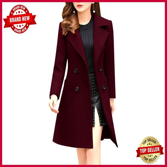 Jackets & Blazers - Wool Blend Double Breasted Notch Collar Overcoat Knee Length Slim Fit